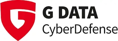 Logo von G DATA CyberDefense mit stilisiertem roten Schild und schwarzem Text.