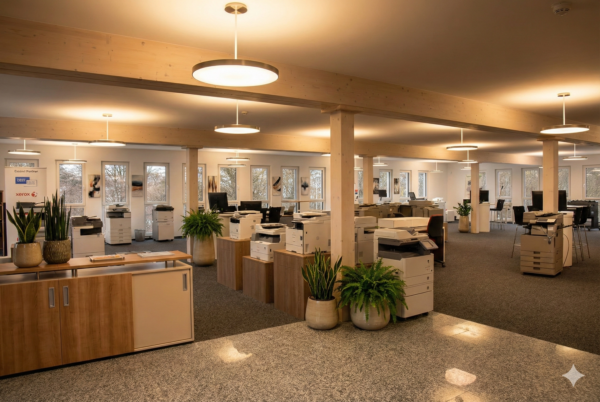 Gemini_Generated_Image_jbyondjbyondjbyo Großes, offenes Büro mit Druckern, Holzdekor, Pflanzen und Schreibtischen unter runden Deckenlampen. Fenster bieten Tageslicht.