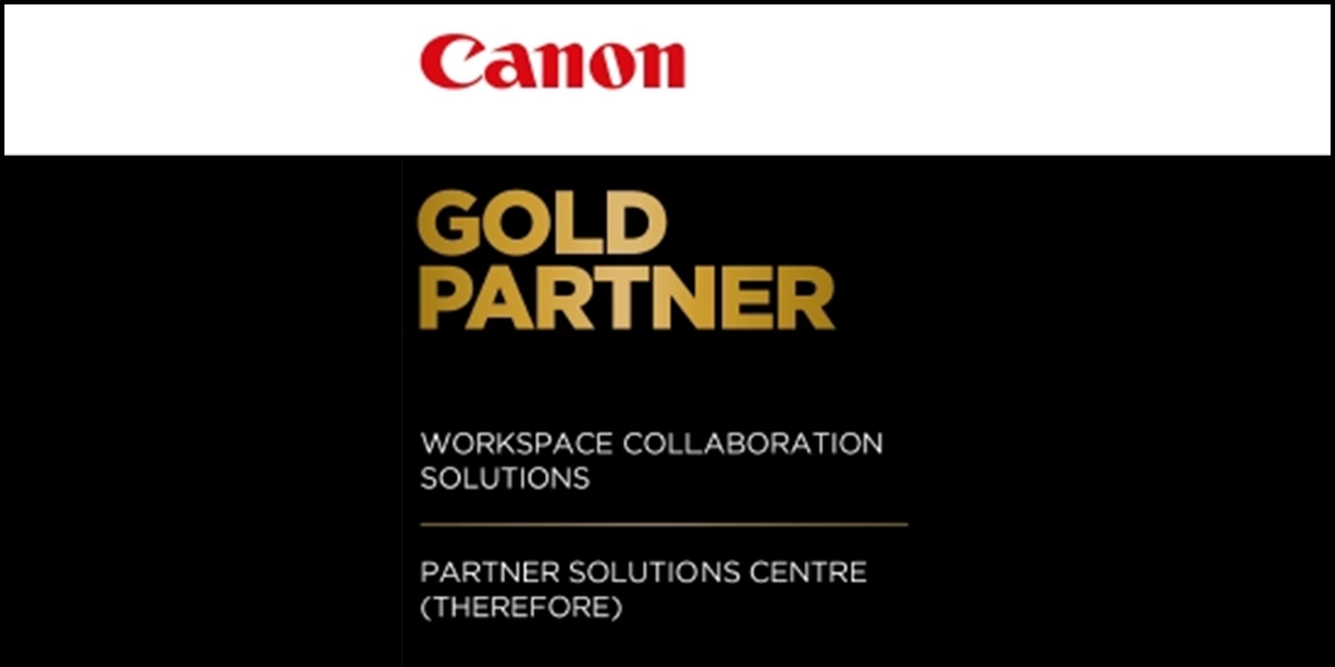 Kappel-Dierolf-Blog_Power_Partner_Gold Canon-Logo mit Text 'Gold Partner' für Workspace Collaboration Solutions und Partner Solutions Centre (Therefore).