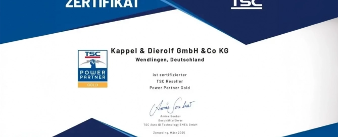 Zertifikat für Kappel & Dierolf GmbH & Co KG als TSC Power Partner Gold, unterzeichnet von Amine Soufai, März 2025.