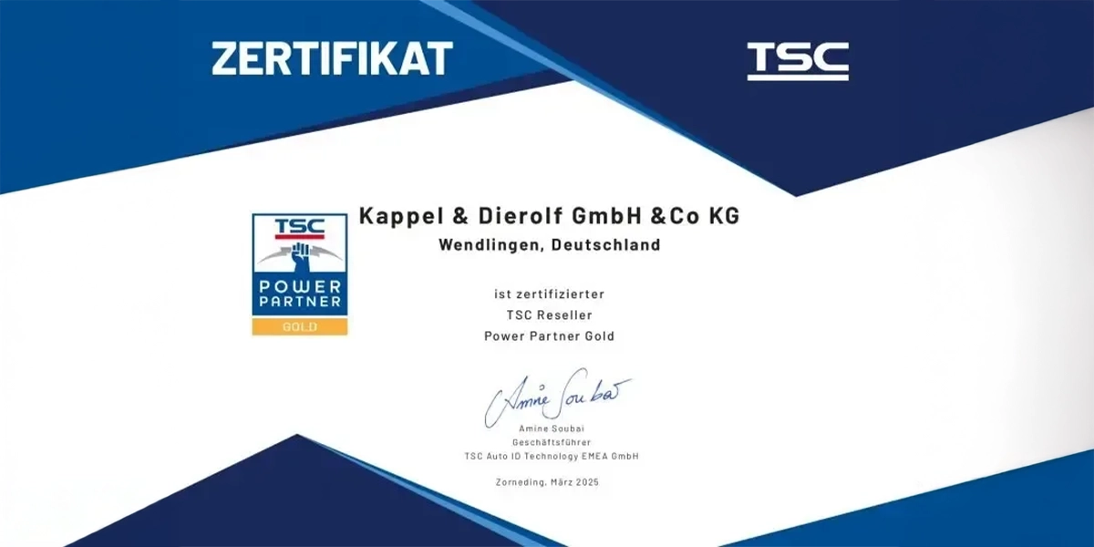 Kappel-Dierolf-Blog_Power_Partner_Gold Zertifikat für Kappel & Dierolf GmbH & Co KG als TSC Power Partner Gold, unterzeichnet von Amine Soufai, März 2025.