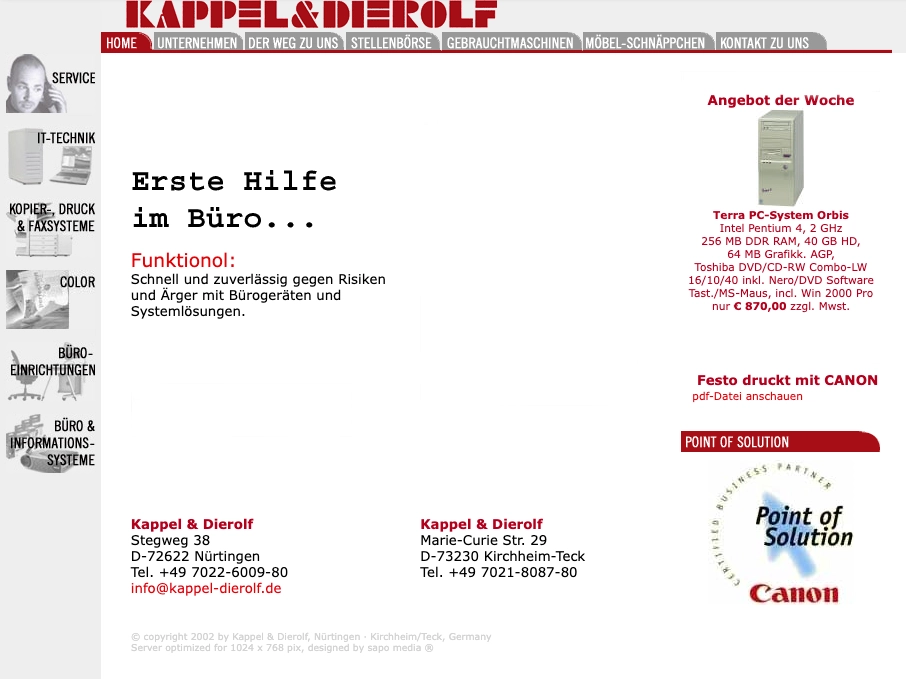 Kappel-Dierolf-Erste-Website Startseite der Kappel & Dierolf Website mit Angeboten für Bürogeräte, Kontaktinformationen und aktuellem Wochenangebot.