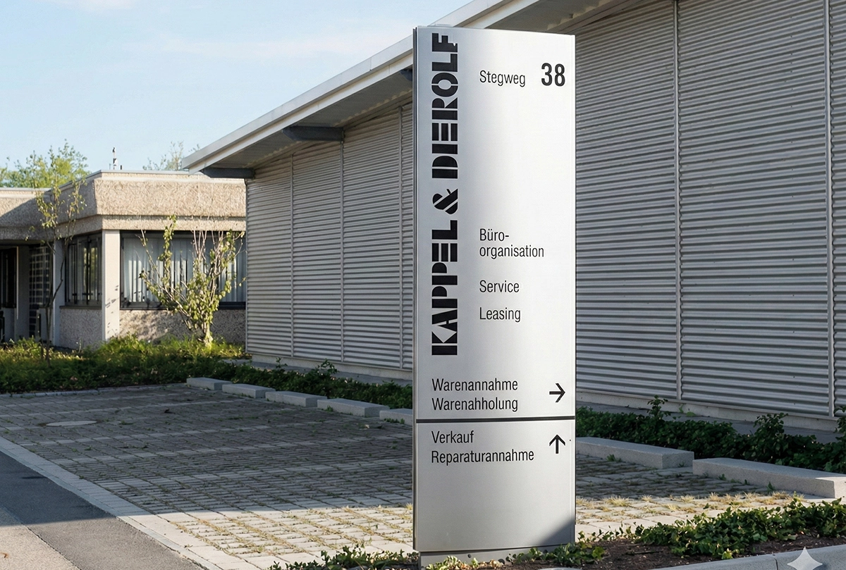 Kappel_StandortNuertingen Schild vor Bürogebäude zeigt Kappel & Deirolf, Adresse Stegweg 38, mit Hinweisen zu Büroorganisation, Service, Warenannahme.