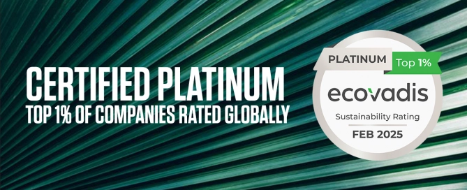 Platin-Zertifikat von EcoVadis für Top 1 % der global bewerteten Unternehmen im Februar 2025 auf grünem Streifenhintergrund.