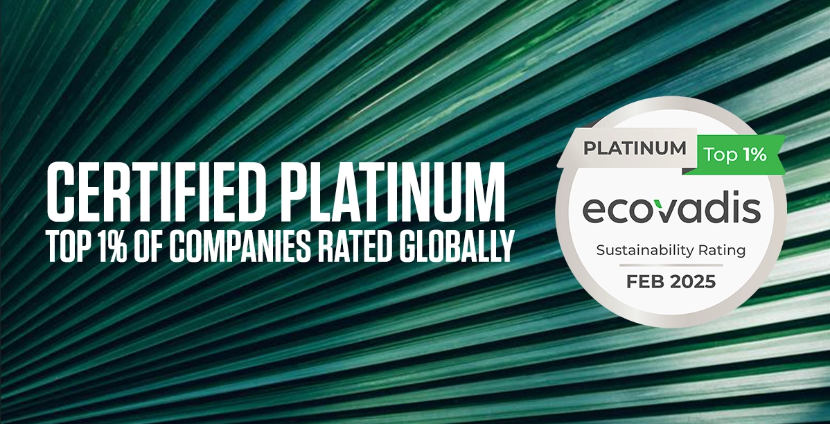 imgi_18_ecovadis Platin-Zertifikat von EcoVadis für Top 1 % der global bewerteten Unternehmen im Februar 2025 auf grünem Streifenhintergrund.