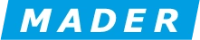 MADER-Firmenlogo in weißer Schrift auf blauem Hintergrund.