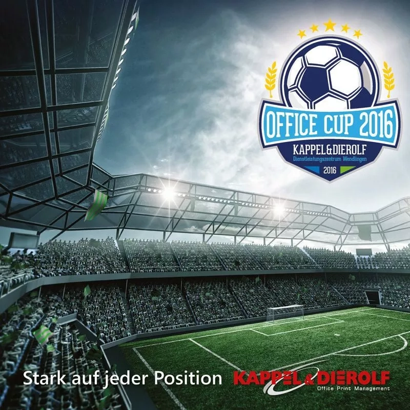 kappel-dierolf_officecup16_TITEL_800x800_01-800×800 Ein leeres Fußballstadion mit einem Fußball-Logo Office Cup 2016 und dem Slogan Stark auf jeder Position.