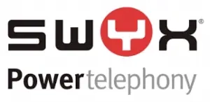 Logo von Swyx mit schwarzer Schrift und rotem Symbol, darunter der Slogan Power telephony auf weißem Hintergrund.