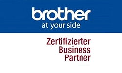 Logo mit der Aufschrift Brother at your side. Darunter steht Zertifizierter Business Partner auf weißem Hintergrund.