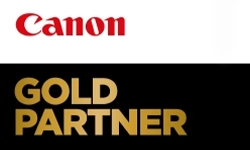 Canon-Logo über der Aufschrift Gold Partner auf schwarzem Hintergrund.