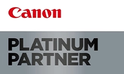Canon Logo über Schriftzug 'Platinum Partner' auf grauem Hintergrund, Symbol für eine exklusive Partnerschaft.