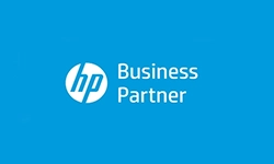 Logo mit dem Text HP Business Partner auf blauem Hintergrund.