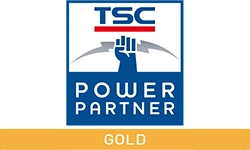 Logo TSC Power Partner Gold mit stilisierter Faust und Blitzen auf blauem Hintergrund.