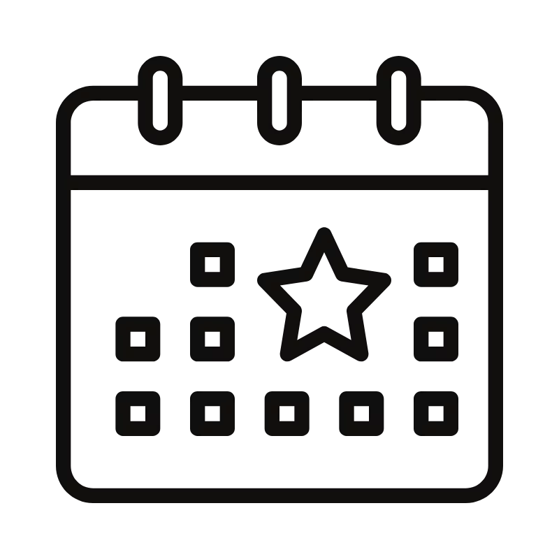 Kalender-Icon mit Stern auf einem Datum, das einen besonderen Tag oder Termin symbolisiert.