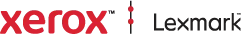 Logos der Marken Xerox in Rot und Lexmark in Schwarz, mit einem vertikalen Punktmuster als Trennzeichen.