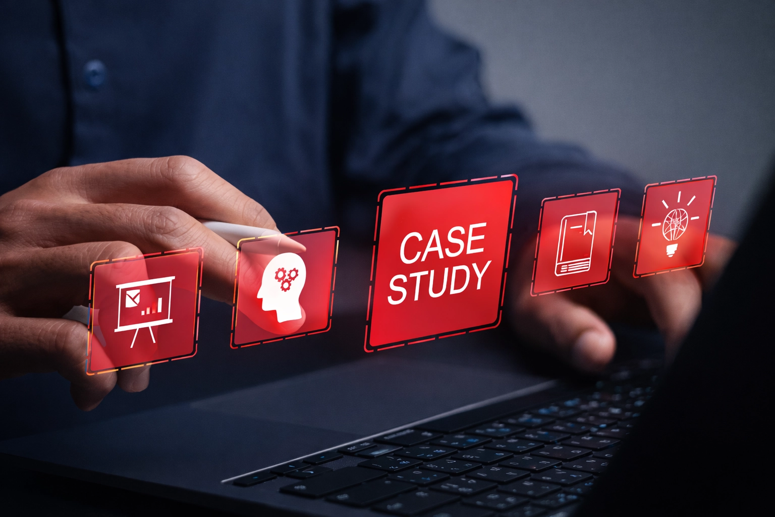 Person im Büro verwendet einen digitalen Stift auf einem Laptop, um Symbole für eine Fallstudie auszuwählen.