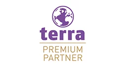 Logo von Terra mit der Bezeichnung „Premium Partner“ und einer stilisierten Weltkugel in lila und gold.